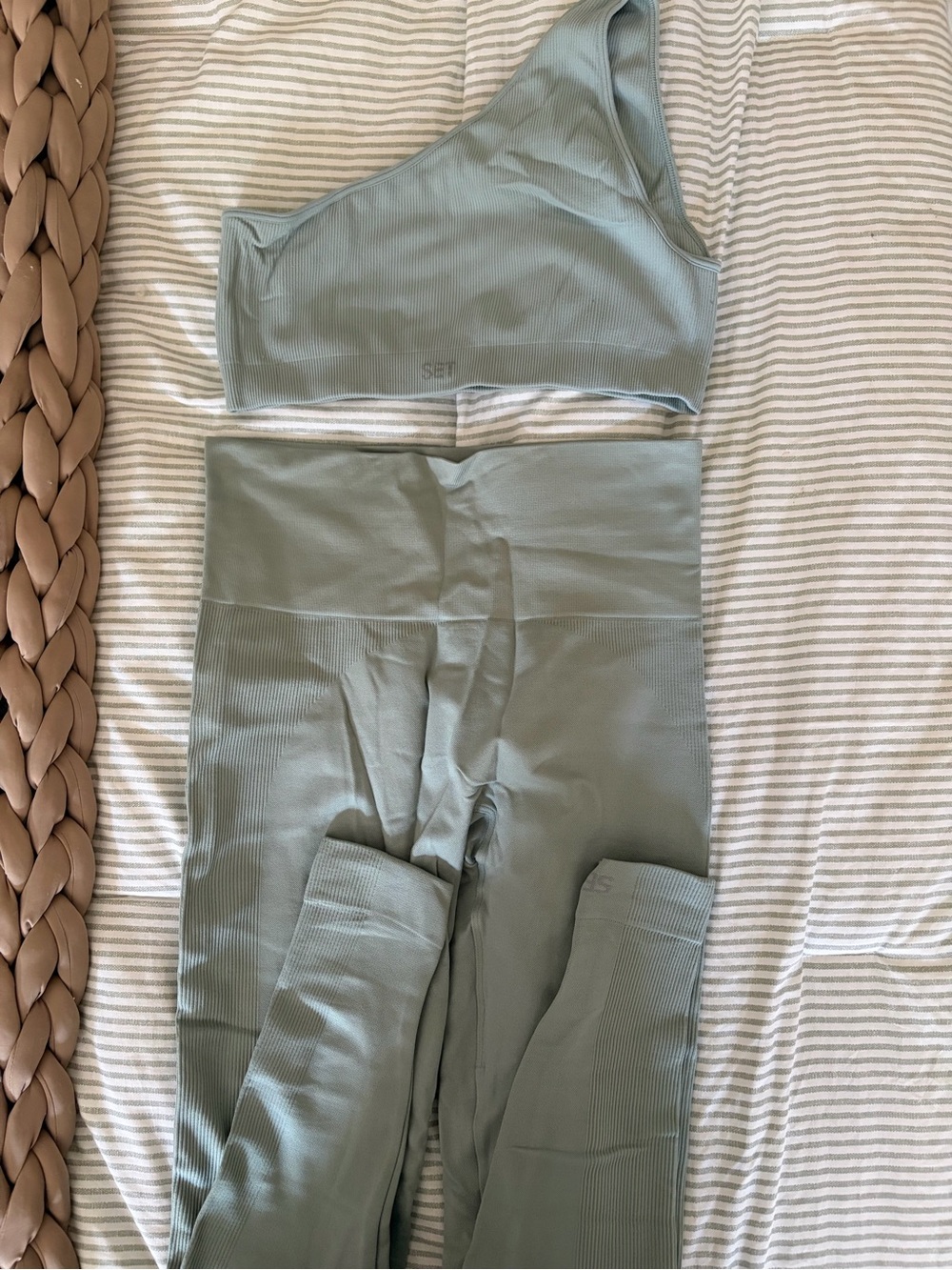 SET Active One-Shoulder Ribbed Sports Bra & High-Waist Leggings - Sage - Picture 3 of 5